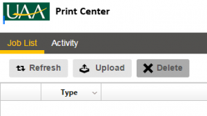 Location of upload button is below the UAA Print Center logo and page navigation bar.  It is between the refresh and delete buttons.